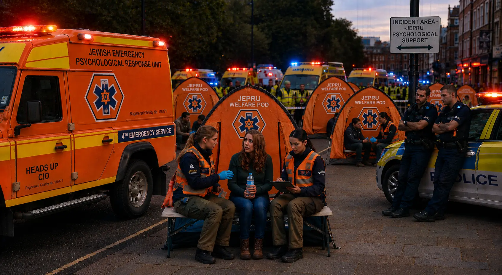 JEPRU responders providing psychological first aid beside welfare pods at an incident scene